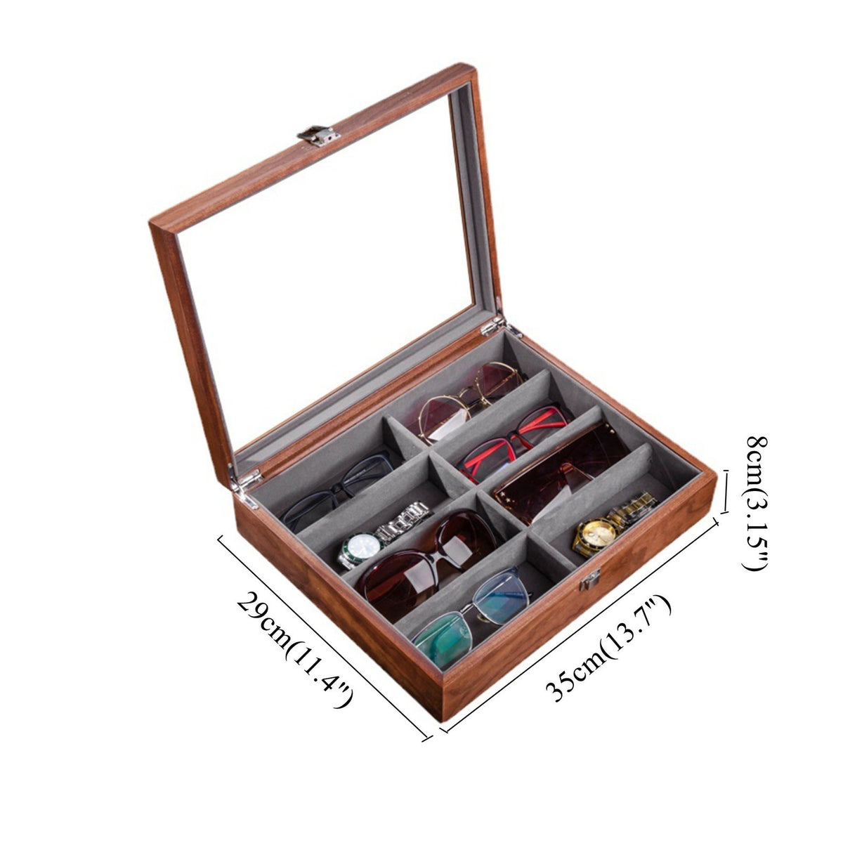 Custom 8 slots Wooden Sunglasses Storage,Custom Retro Eyeglass Glasses Stand Display Tray,Watch Cabinet Case,Birthday Gift for dad him her