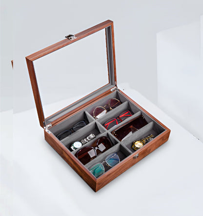 Custom 8 slots Wooden Sunglasses Storage,Custom Retro Eyeglass Glasses Stand Display Tray,Watch Cabinet Case,Birthday Gift for dad him her