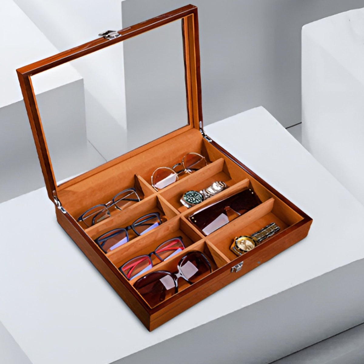 Custom 8 slots Wooden Sunglasses Storage,Custom Retro Eyeglass Glasses Stand Display Tray,Watch Cabinet Case,Birthday Gift for dad him her