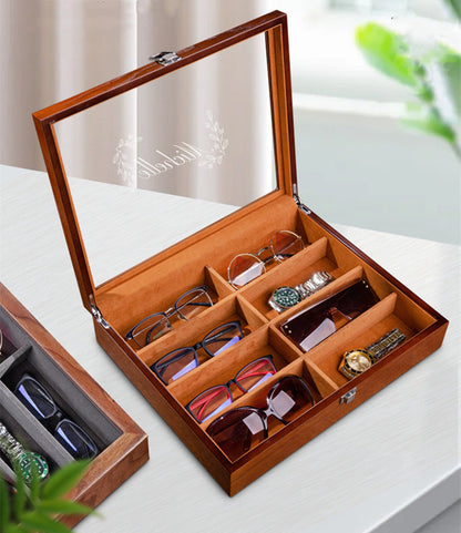 Custom 8 slots Wooden Sunglasses Storage,Custom Retro Eyeglass Glasses Stand Display Tray,Watch Cabinet Case,Birthday Gift for dad him her