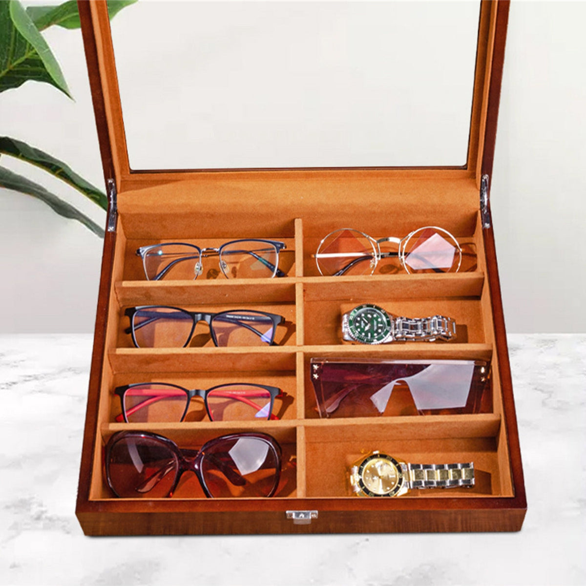 Custom 8 slots Wooden Sunglasses Storage,Custom Retro Eyeglass Glasses Stand Display Tray,Watch Cabinet Case,Birthday Gift for dad him her