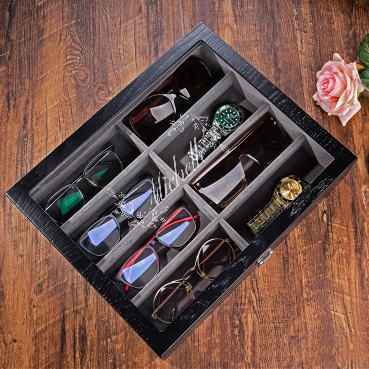 Custom 8 slots Wooden Sunglasses Storage,Custom Retro Eyeglass Glasses Stand Display Tray,Watch Cabinet Case,Birthday Gift for dad him her