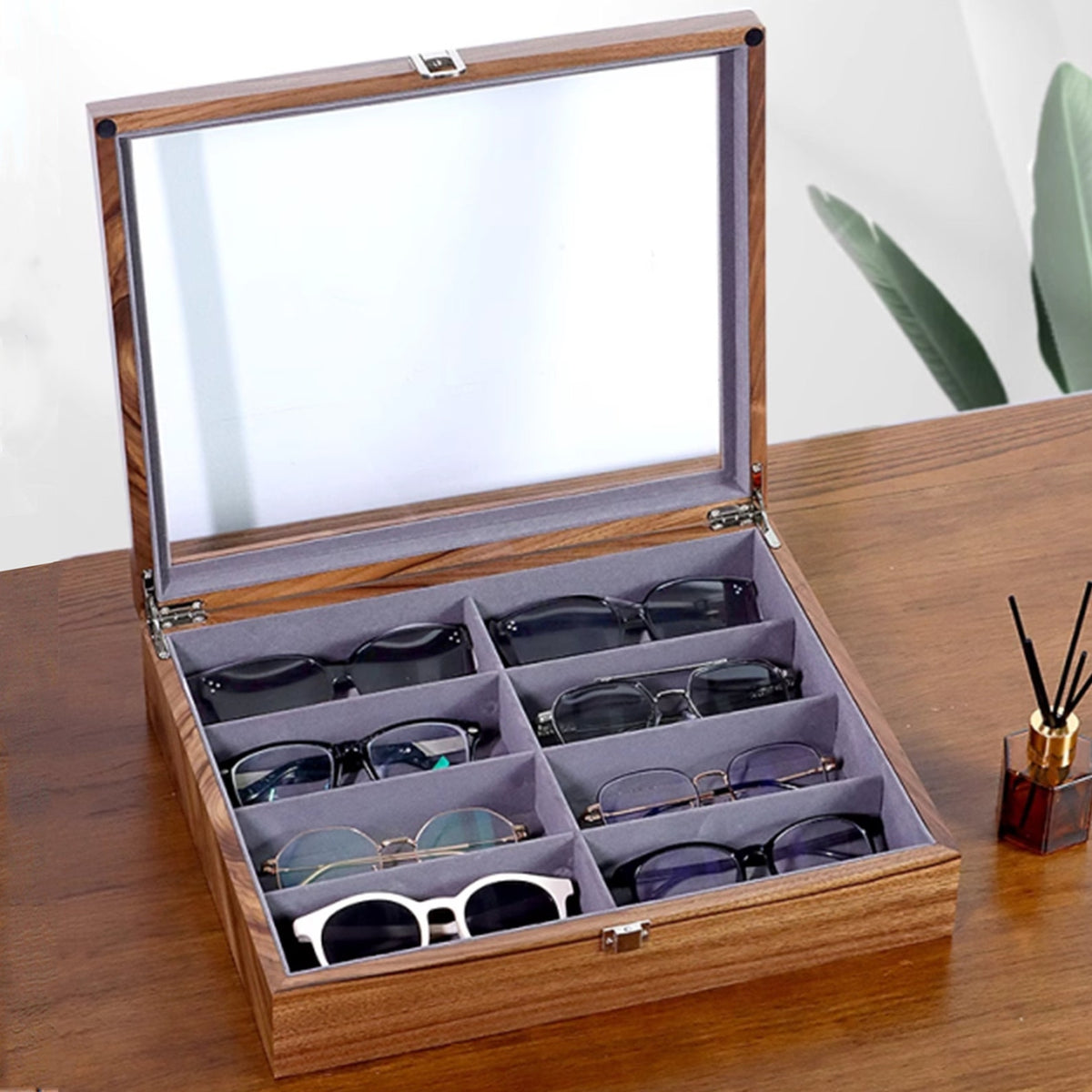 Custom 8 slots Wooden Sunglasses Storage,Custom Retro Eyeglass Glasses Stand Display Tray,Watch Cabinet Case,Birthday Gift for dad him her