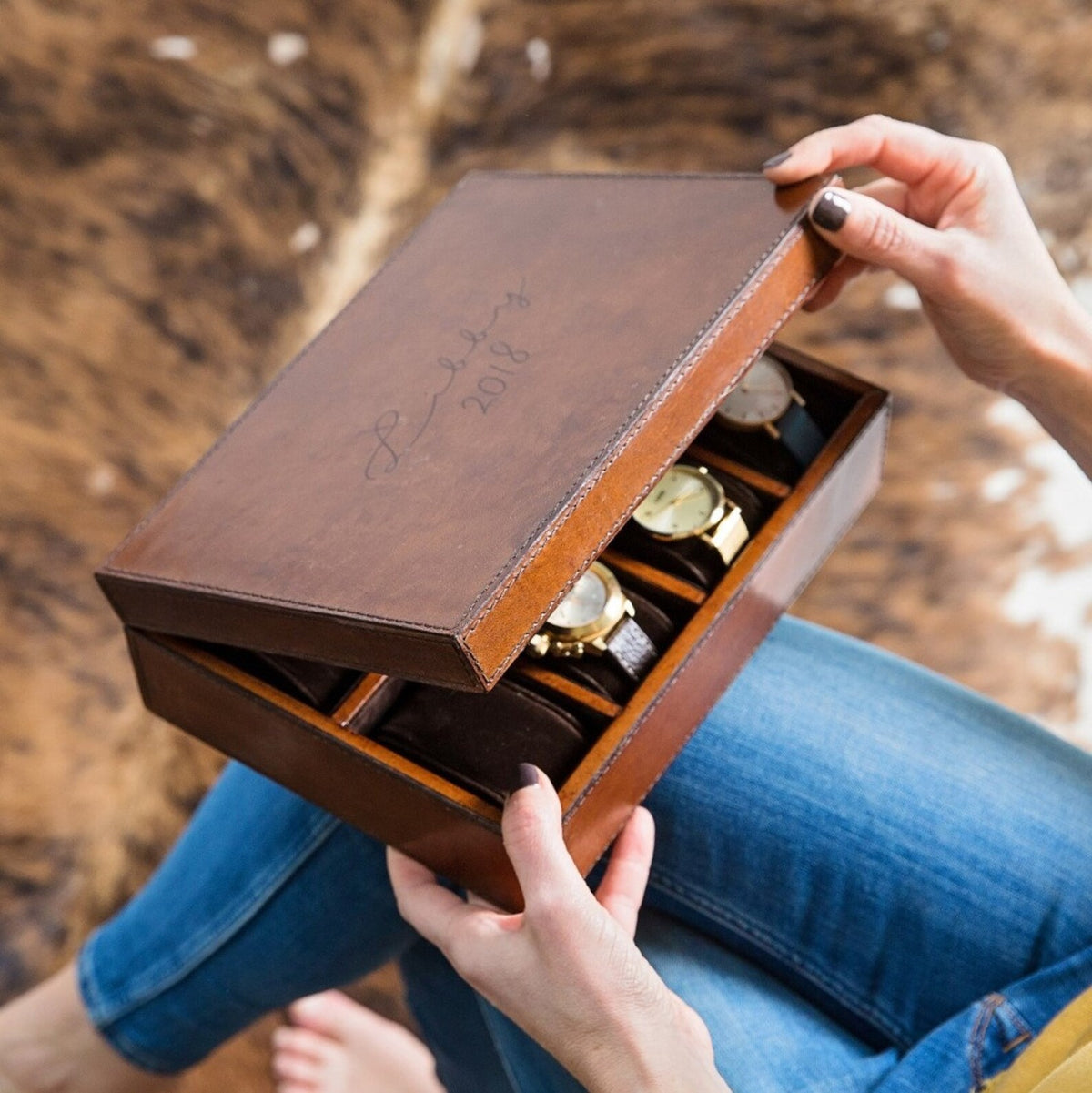Personalised Leather Watch Box Large - Tan - Anniversary