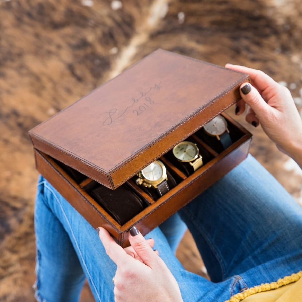 Personalised Leather Watch Box Large - Tan - Anniversary