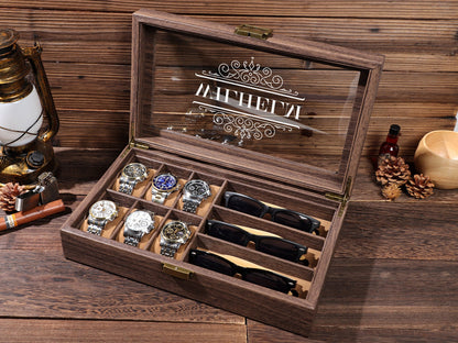 Watch Box with Sunglass Holder, Personalized Groom's Gift, Personalised Leather Watch Box for Men, Watch Case, Watch Organizer,Father's Gift