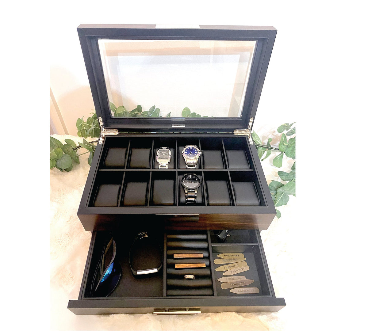 Custom engraved watch box for men with valet tray drawer displays 12 watches-personalized father's day gift
