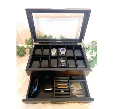 Custom engraved watch box for men with valet tray drawer displays 12 watches-personalized father's day gift