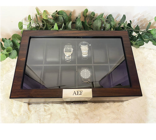 Custom engraved watch box for men with valet tray drawer displays 12 watches-personalized father's day gift