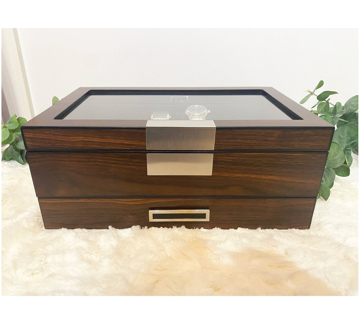 Custom engraved watch box for men with valet tray drawer displays 12 watches-personalized father's day gift