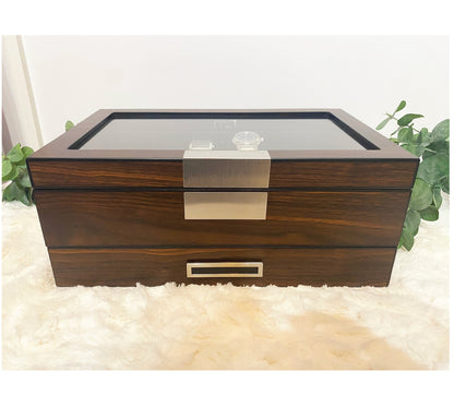 Custom engraved watch box for men with valet tray drawer displays 12 watches-personalized father's day gift