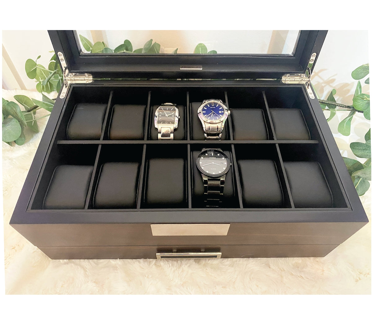Custom engraved watch box for men with valet tray drawer displays 12 watches-personalized father's day gift
