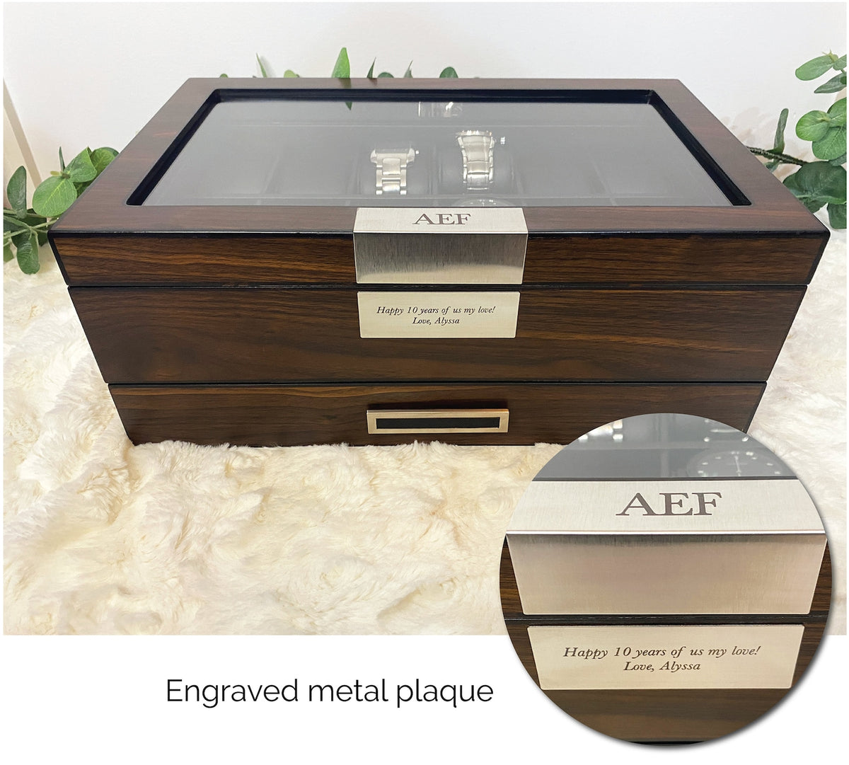 Custom engraved watch box for men with valet tray drawer displays 12 watches-personalized father's day gift