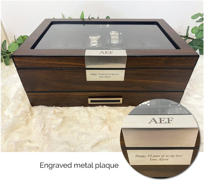 Custom engraved watch box for men with valet tray drawer displays 12 watches-personalized father's day gift