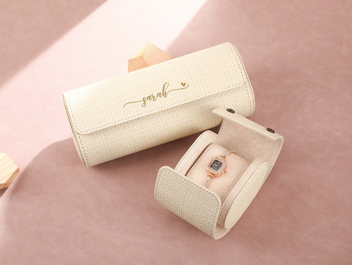 Engraved Beige Watch Case, Personalized Watch Case, Custom Travel Watch Box, Anniversary Gift, Mother's Day Gift, Valentines Gifts for Women
