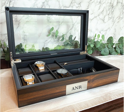 Custom Engraved 6 Slot Watch Box: mens watch display case with accessory storage, gift for him, watch collector case, mens jewelry box