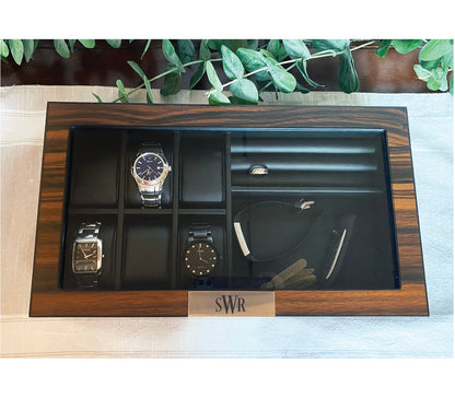 Custom Engraved 6 Slot Watch Box: mens watch display case with accessory storage, gift for him, watch collector case, mens jewelry box