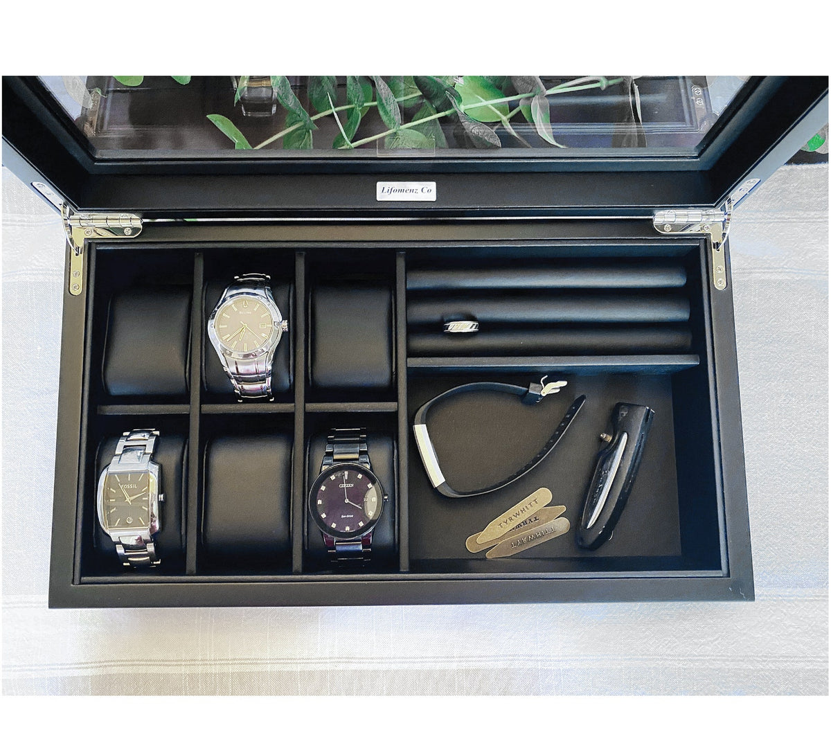 Custom Engraved 6 Slot Watch Box: mens watch display case with accessory storage, gift for him, watch collector case, mens jewelry box