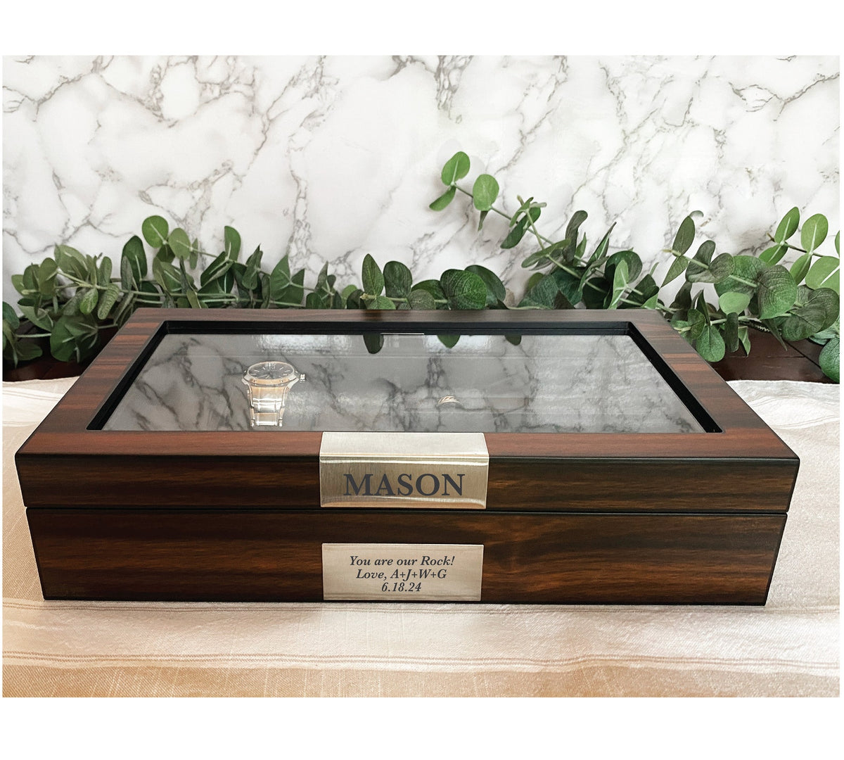 Custom Engraved 6 Slot Watch Box: mens watch display case with accessory storage, gift for him, watch collector case, mens jewelry box