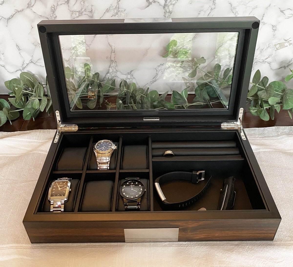 Custom Engraved 6 Slot Watch Box: mens watch display case with accessory storage, gift for him, watch collector case, mens jewelry box