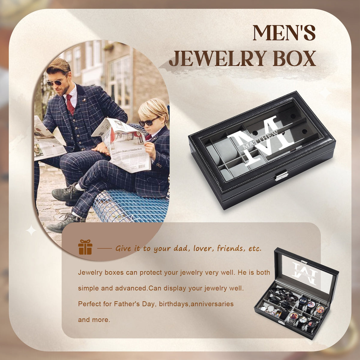 Personalized Engraved Watch Box for Men,Custom Jewelry Box with Name and Watch Compartments,Jewelry Storage Case, Groomsman or Best Man Gift