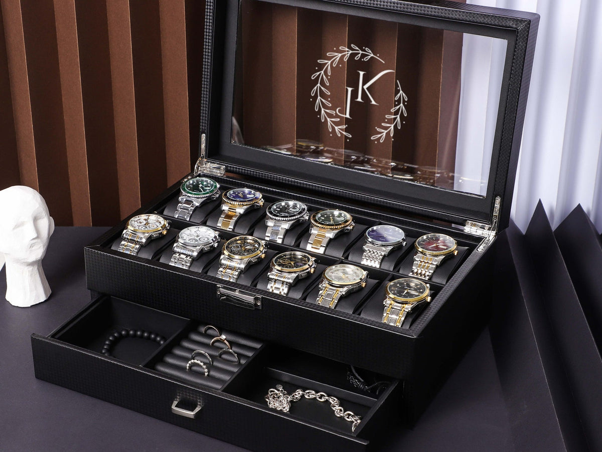 Personalized 12 Slot Leather Watch Box with Drawer for Rings and Trinkets, Watch Box For Men, Watch Organizer, Father's Gift, Groom's Gift