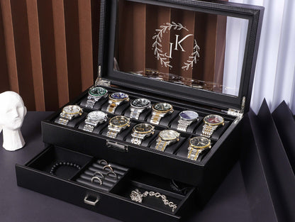 Personalized 12 Slot Leather Watch Box with Drawer for Rings and Trinkets, Watch Box For Men, Watch Organizer, Father's Gift, Groom's Gift