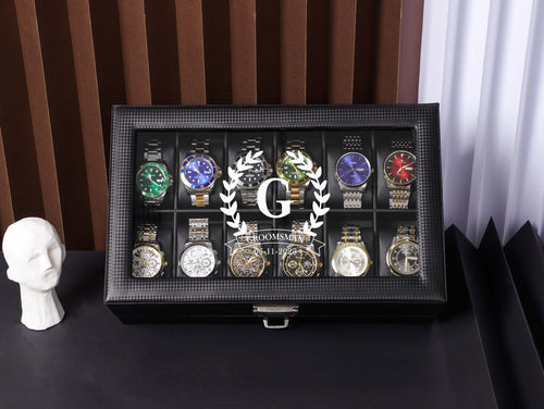 Personalized 12 Slot Leather Watch Box with Drawer for Rings and Trinkets, Watch Box For Men, Watch Organizer, Father's Gift, Groom's Gift