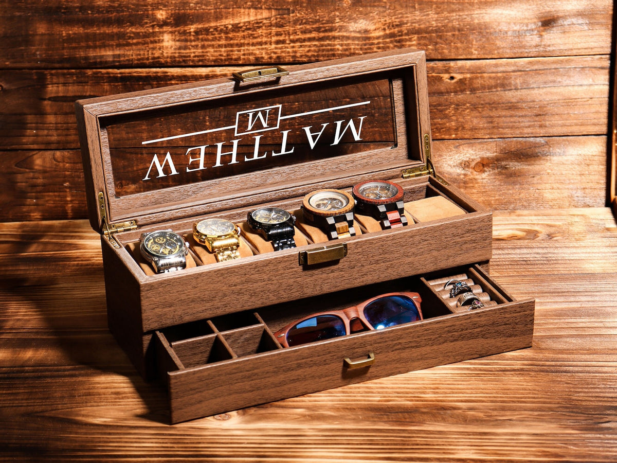 TWO Layers 6 Slot Personalized Men's Watch Box | with Drawer Watch Display Case for 6 Watches |Grain Leather watch box|Anniversary for Him