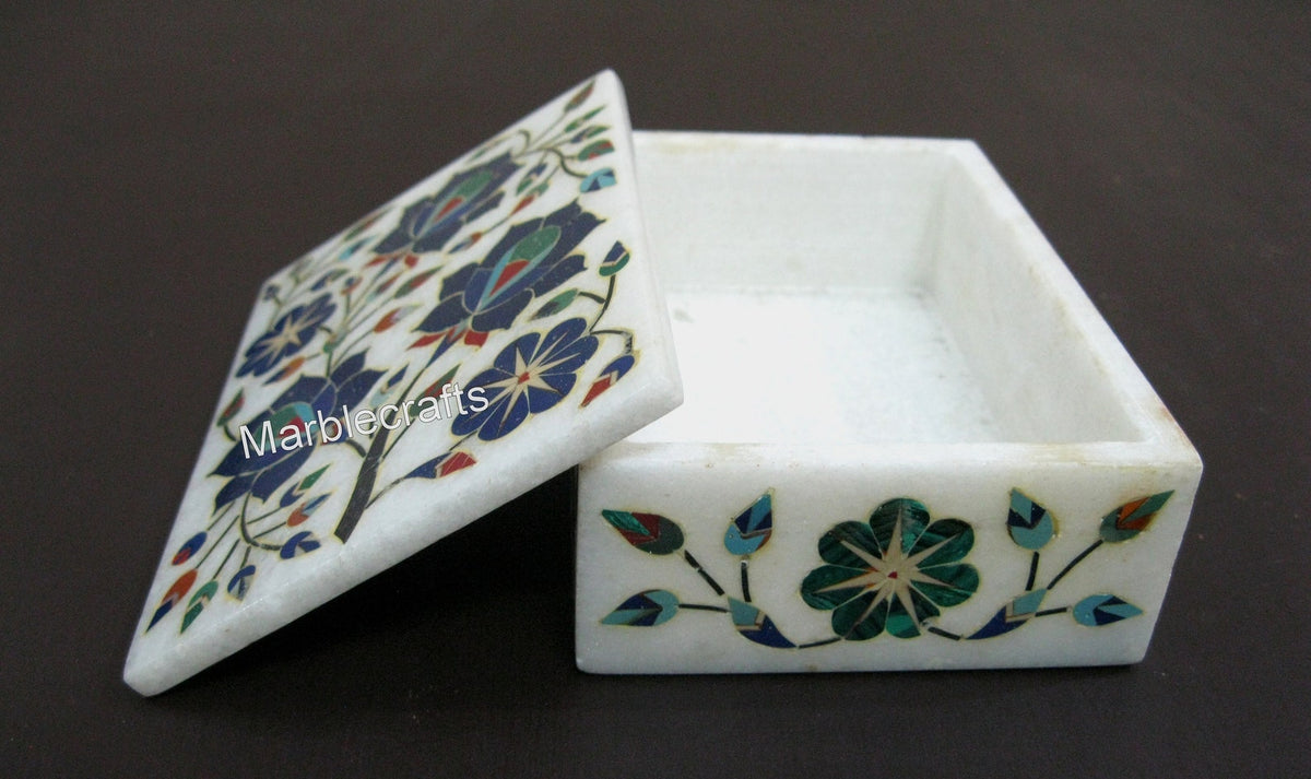 Luxury Marble Jewelry Box | 5x3.5" Semi-Precious Stones Inlay Storage Box | Elegant Handmade Trinket & Watch Case | Wedding Gift for Husband