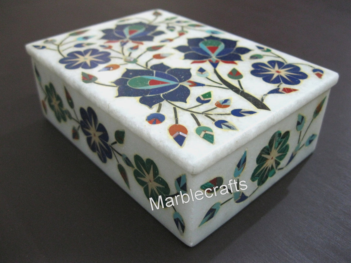 Luxury Marble Jewelry Box | 5x3.5" Semi-Precious Stones Inlay Storage Box | Elegant Handmade Trinket & Watch Case | Wedding Gift for Husband