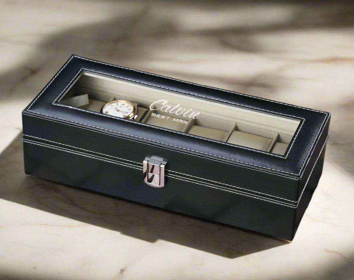 Personalized Black PU Leather Watch Box: Groomsmen Gift, Watch Organizer