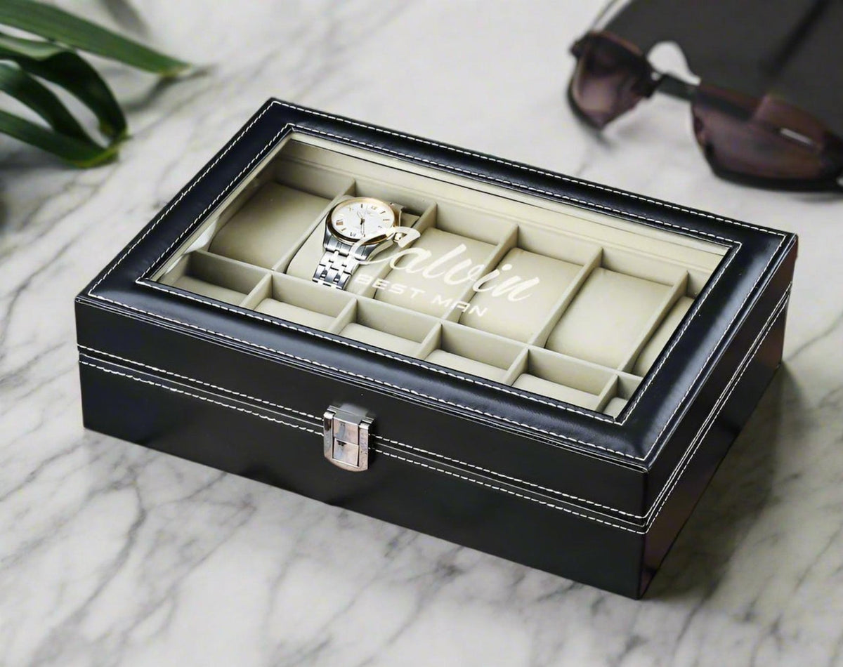 Personalized Black PU Leather Watch Box: Groomsmen Gift, Watch Organizer