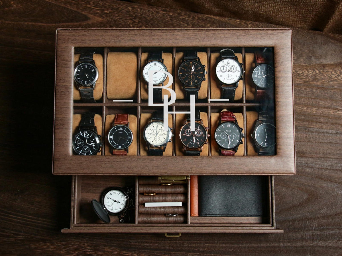 Personalized 12 slots Wooden watch box, Engraved Watch Holder, custom engraved watch case , watch storage for men , watch display case