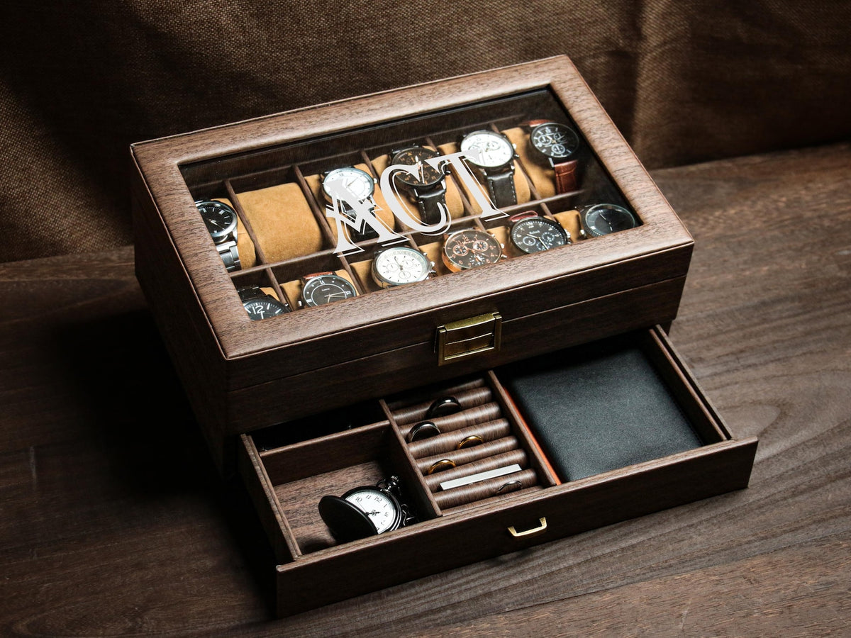 Personalized 12 slots Wooden watch box, Engraved Watch Holder, custom engraved watch case , watch storage for men , watch display case