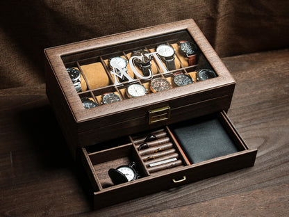 Personalized 12 slots Wooden watch box, Engraved Watch Holder, custom engraved watch case , watch storage for men , watch display case