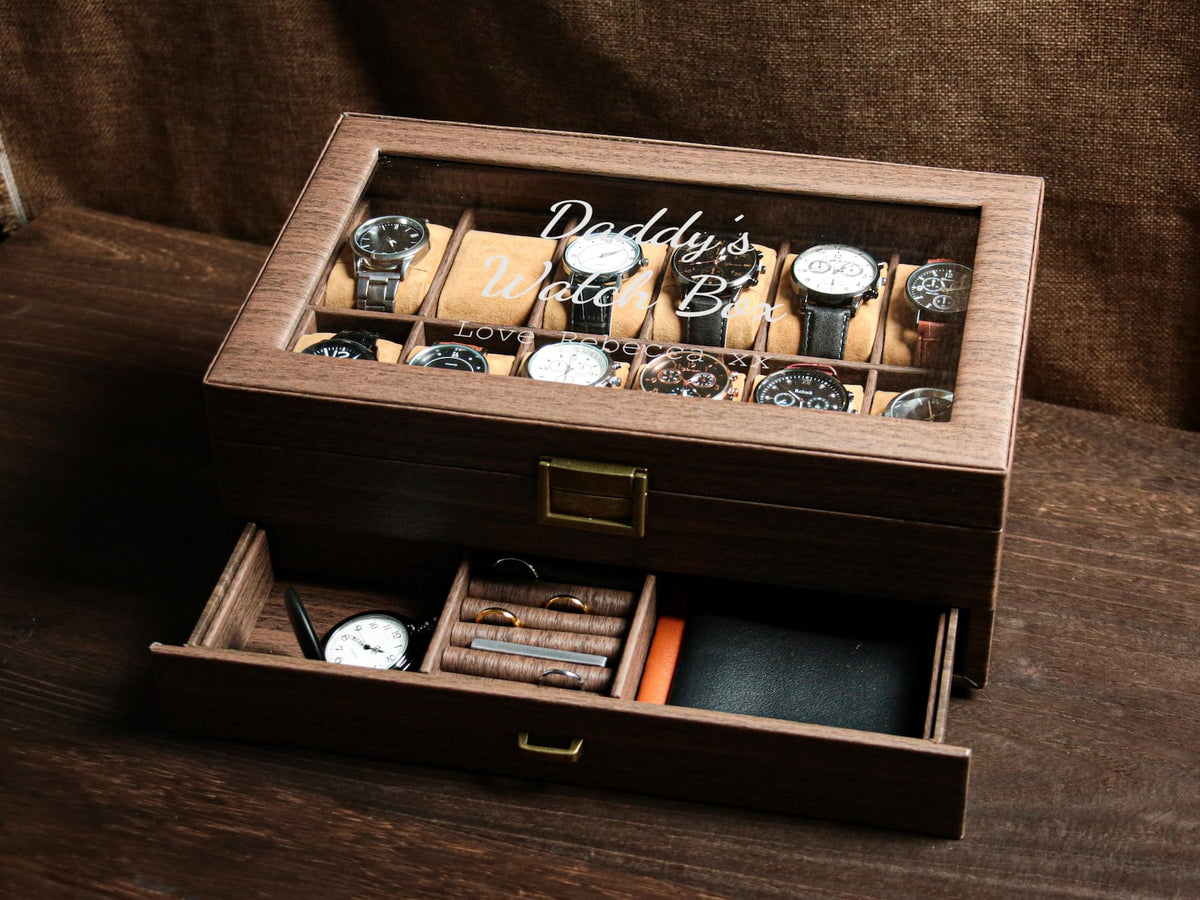 Personalized 12 slots Wooden watch box, Engraved Watch Holder, custom engraved watch case , watch storage for men , watch display case