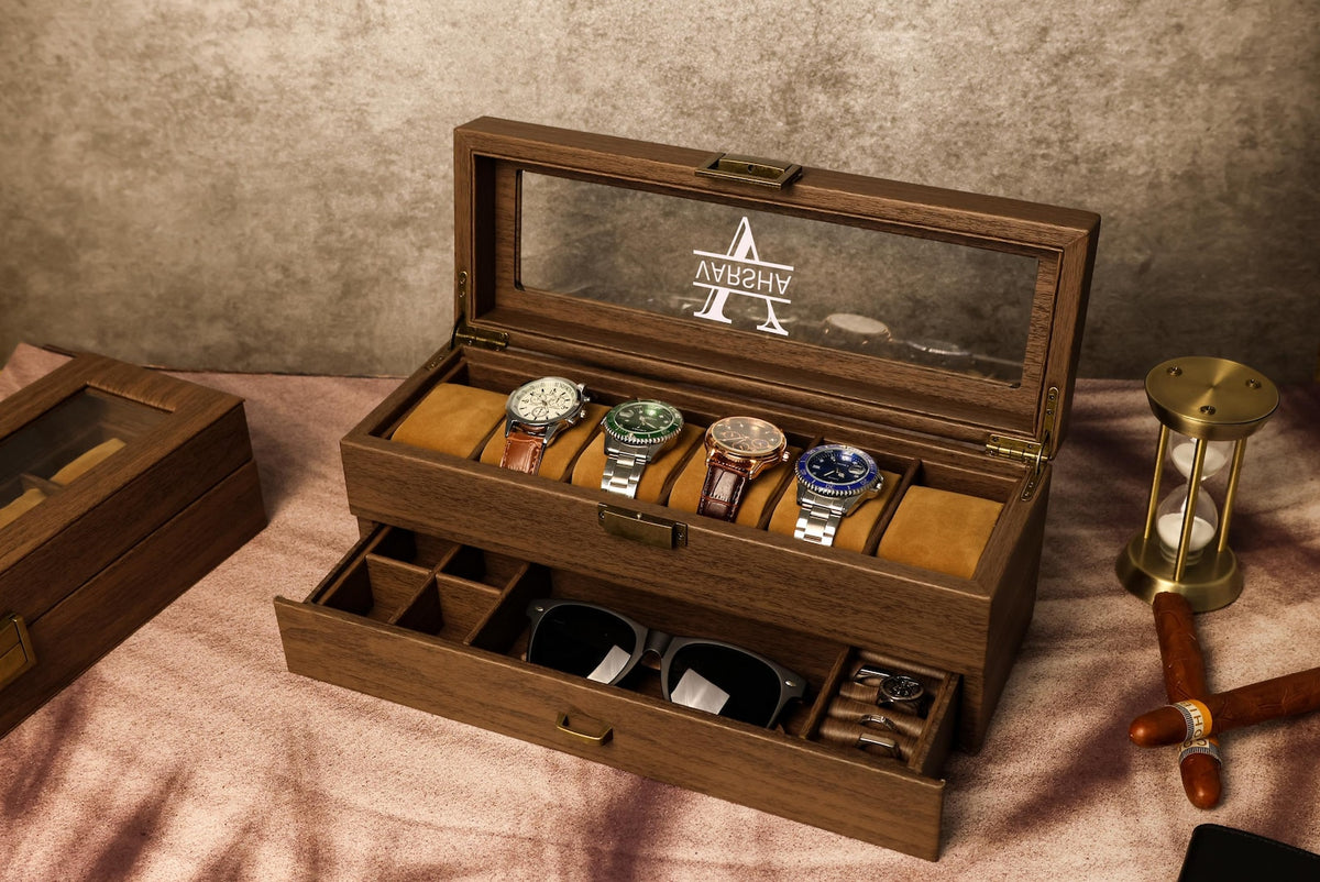 TWO Layers 6 Slot Personalized Men's Watch Box | with Drawer Watch Display Case for 6 Watches |Grain Leather watch box|Anniversary for Him