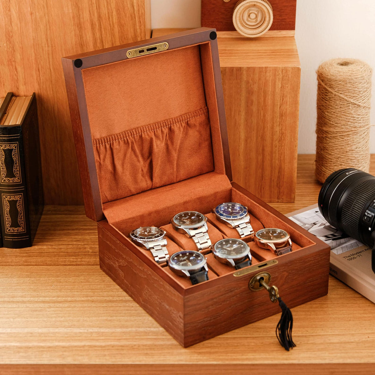 Personalized Walnut Wood Watch Box with Lock: Engraved 6-Slot Case