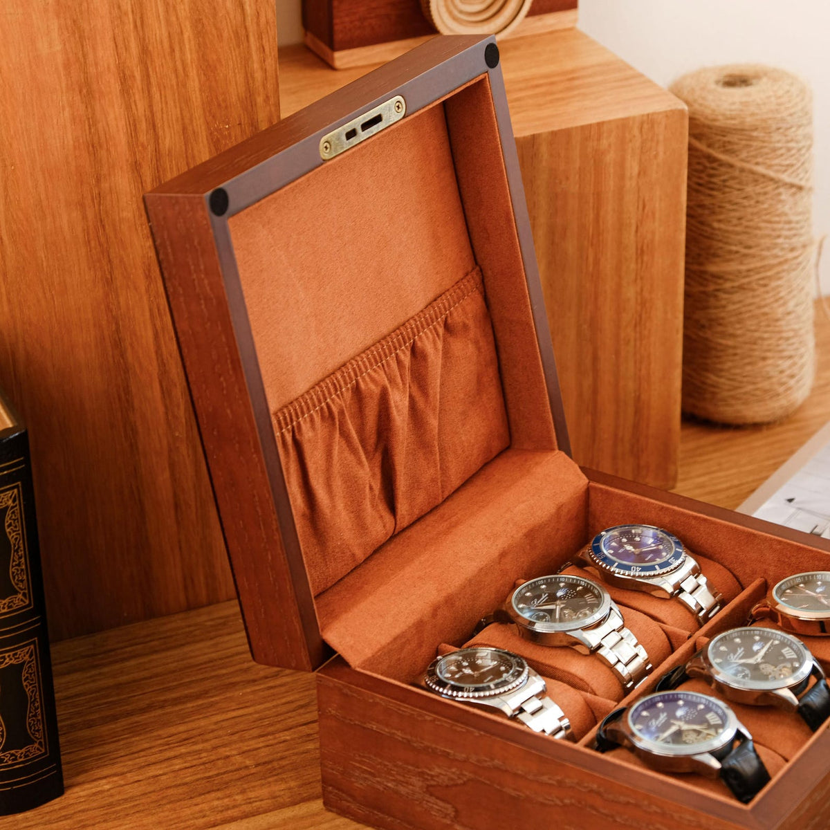 Personalized Walnut Wood Watch Box with Lock: Engraved 6-Slot Case