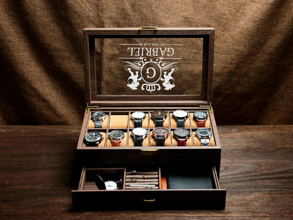 Personalized 12 slots Wooden watch box, Engraved Watch Holder, custom engraved watch case , watch storage for men , watch display case