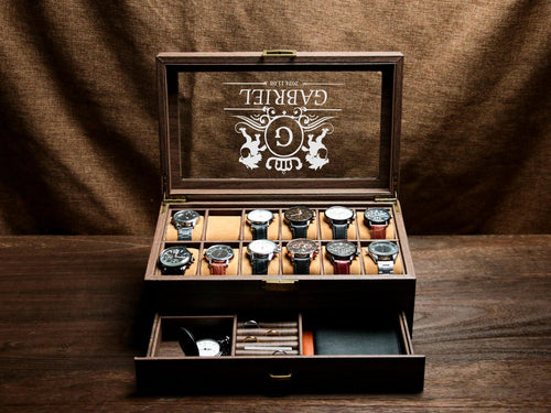 Personalized 12 slots Wooden watch box, Engraved Watch Holder, custom engraved watch case , watch storage for men , watch display case