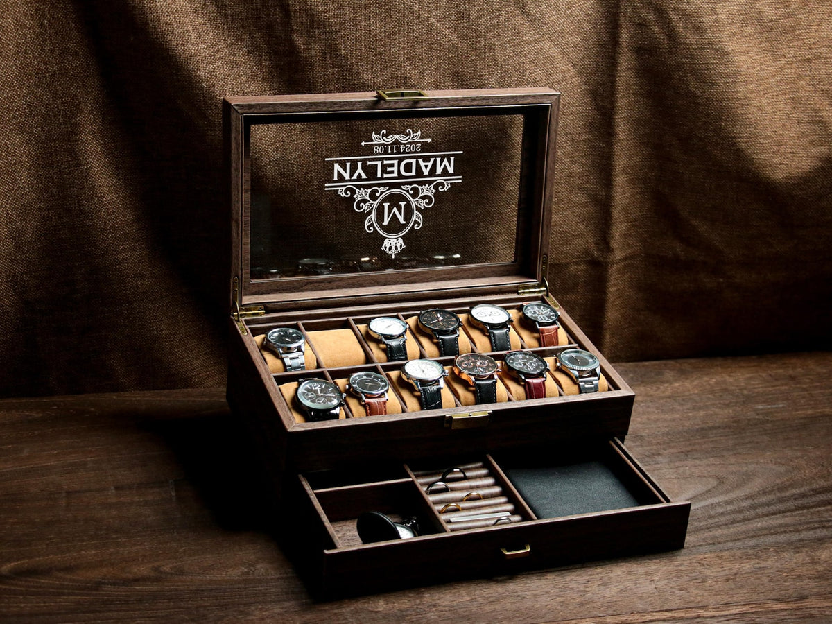 Personalized 12 slots Wooden watch box, Engraved Watch Holder, custom engraved watch case , watch storage for men , watch display case