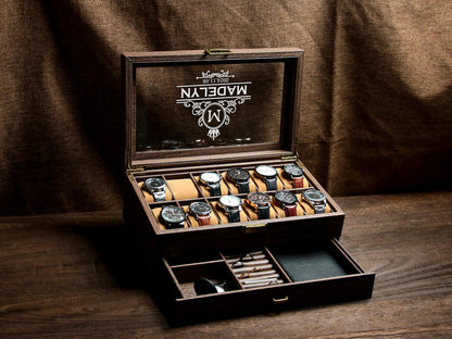 Personalized 12 slots Wooden watch box, Engraved Watch Holder, custom engraved watch case , watch storage for men , watch display case