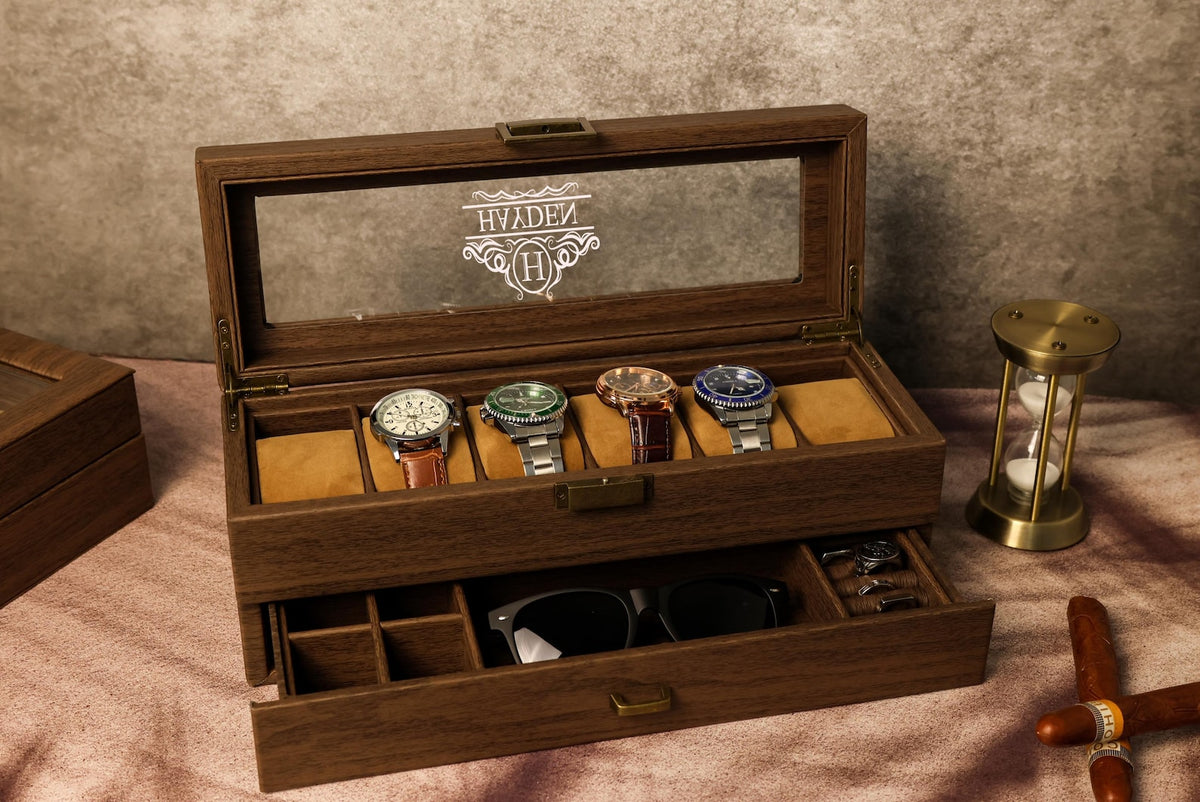 TWO Layers 6 Slot Personalized Men's Watch Box | with Drawer Watch Display Case for 6 Watches |Grain Leather watch box|Anniversary for Him