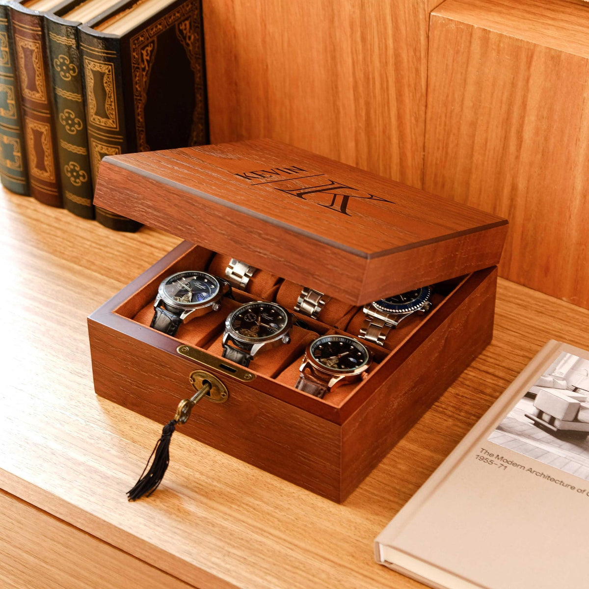 Personalized Walnut Wood Gift Box, Engraved Monogram Watch Box Case for Him, 6 Slots Watch Box with Lock, Birthday Gifts For Best Friend