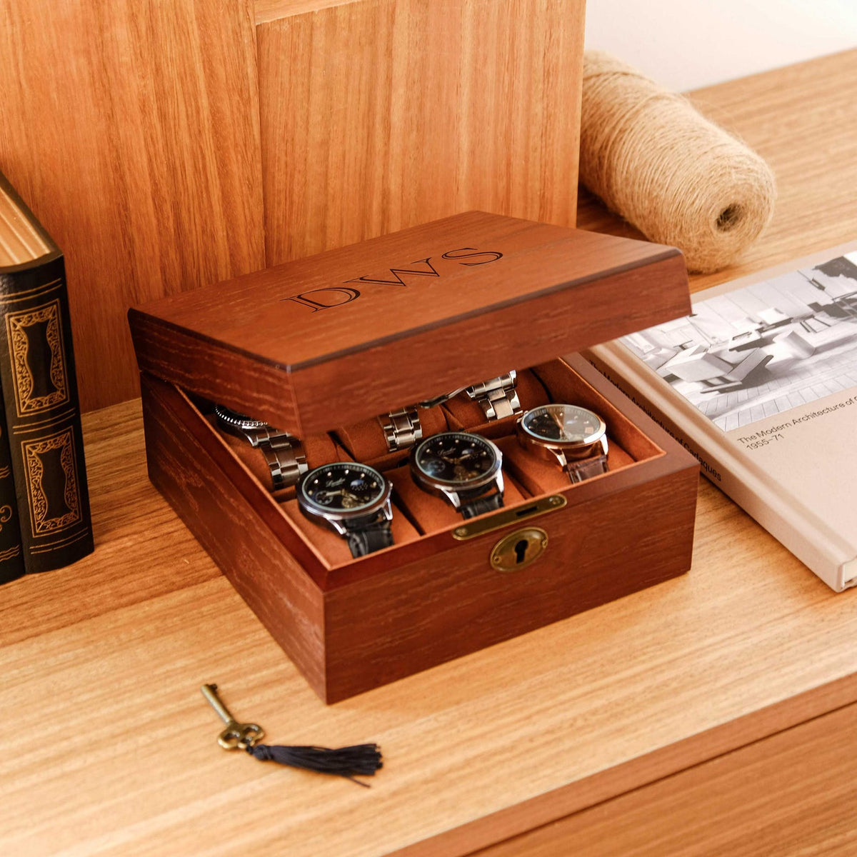 Personalized Walnut Wood Gift Box, Engraved Monogram Watch Box Case for Him, 6 Slots Watch Box with Lock, Birthday Gifts For Best Friend