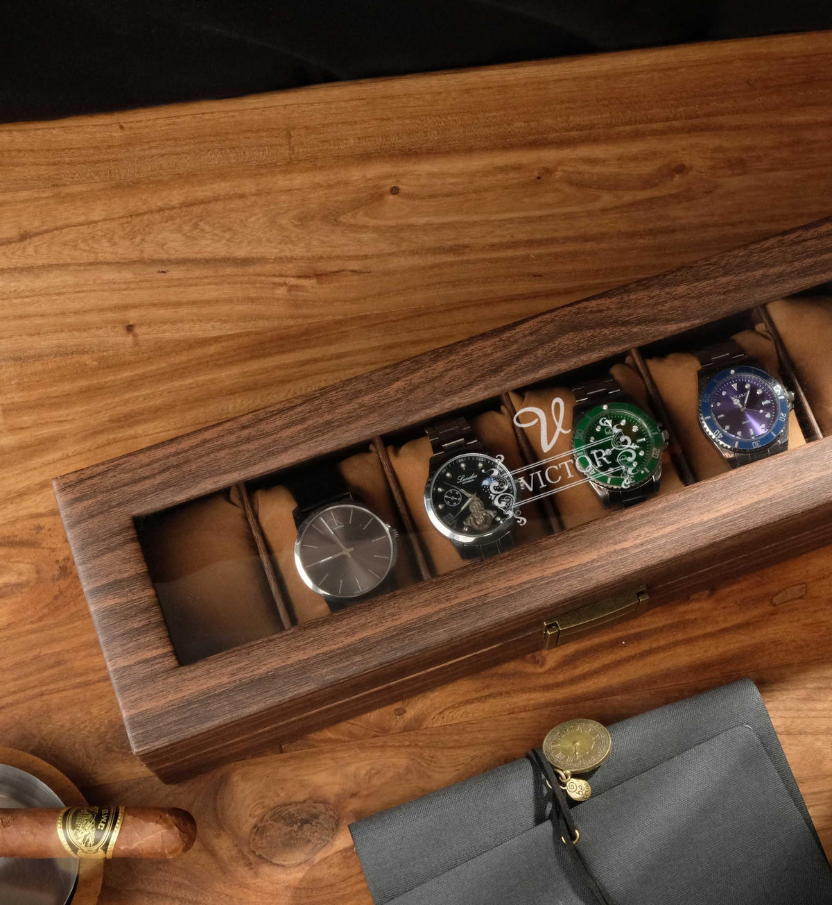 Personalized leather watch box with wood grain pattern, Personalized wooden watch box, Dad watch box, Wooden watch box