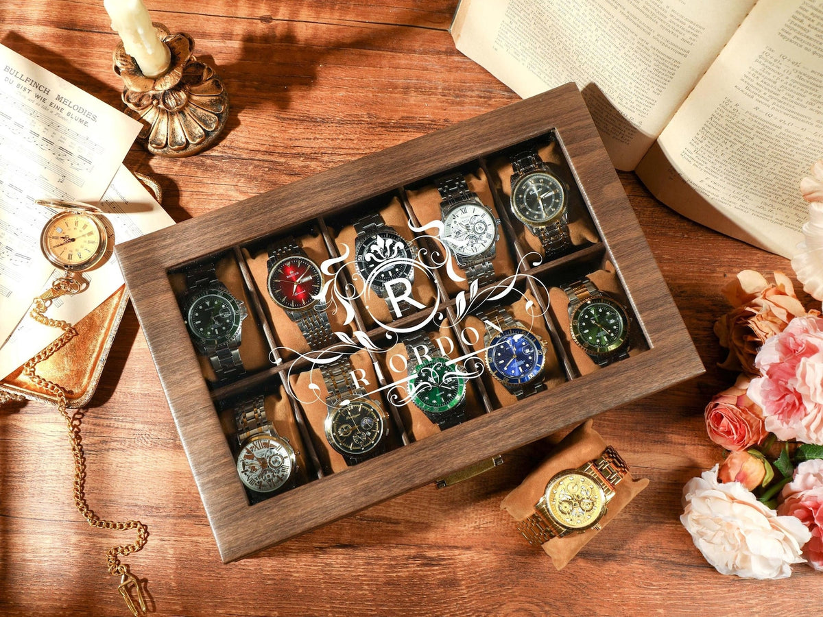 Custom Travel Watch Case, Personalized Watch Box for Men, Watch Box With Name, Brown PU Leather Watch Box for 10 slot Watches,Christmas Gift