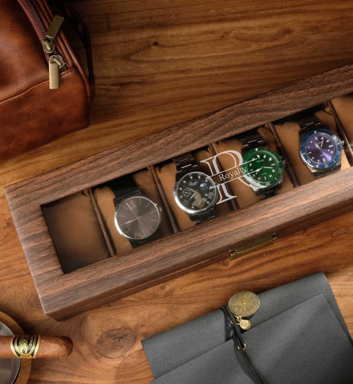 Personalized leather watch box with wood grain pattern, Personalized wooden watch box, Dad watch box, Wooden watch box